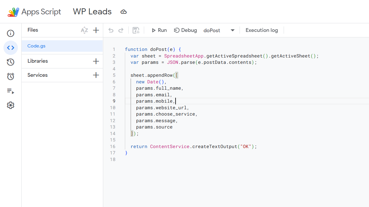 Google Sheet Deploy Apps Script - WP Leads Project Editor-Apps Script