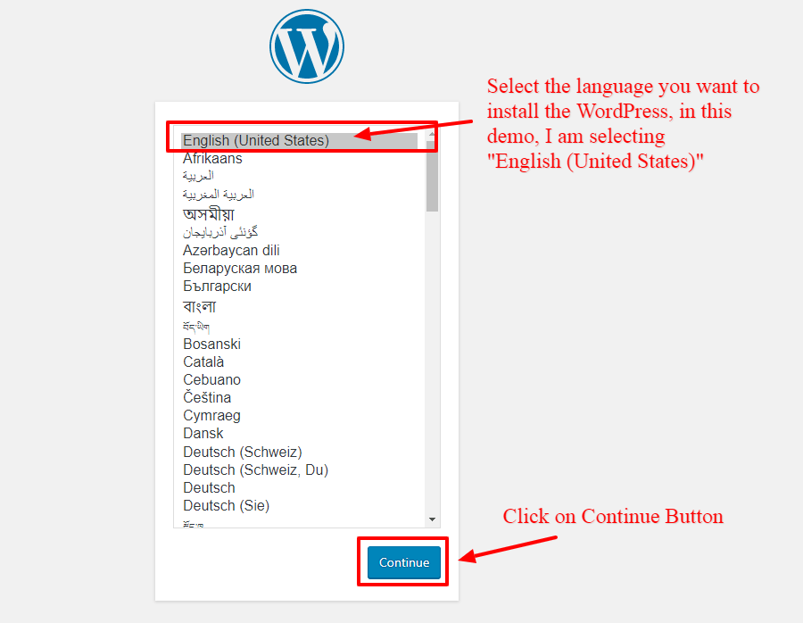 WordPress Setup Configuration Choose Language