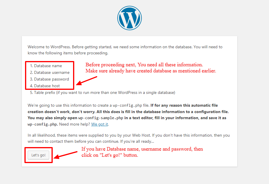WordPress Setup Configuration Ready Database Details