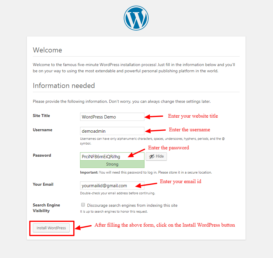 WordPress Setup Configuration site details