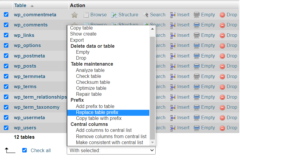 How To Replace Table Prefix in phpMyadmin